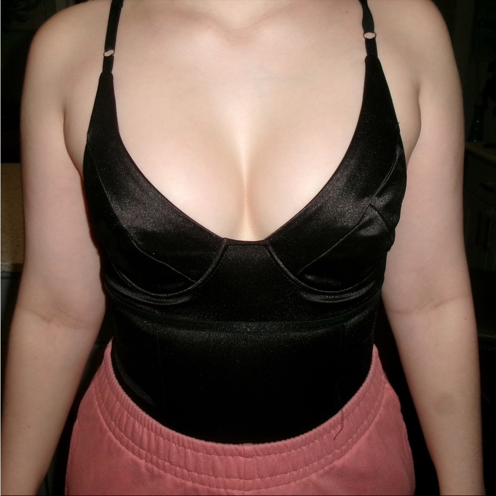 Black Deep V Neck Shiny Bodysuit With Underwire